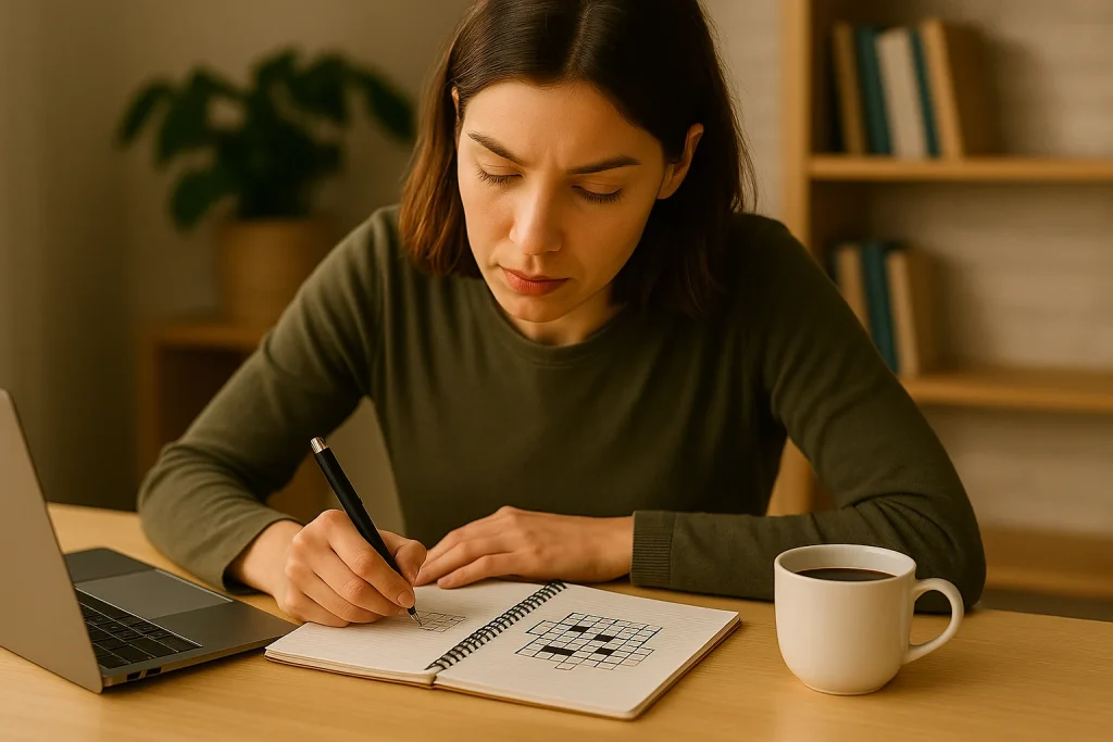 A young woman focuses on solving a logic puzzle at her desk, sharpening both of her brain hemispheres.
