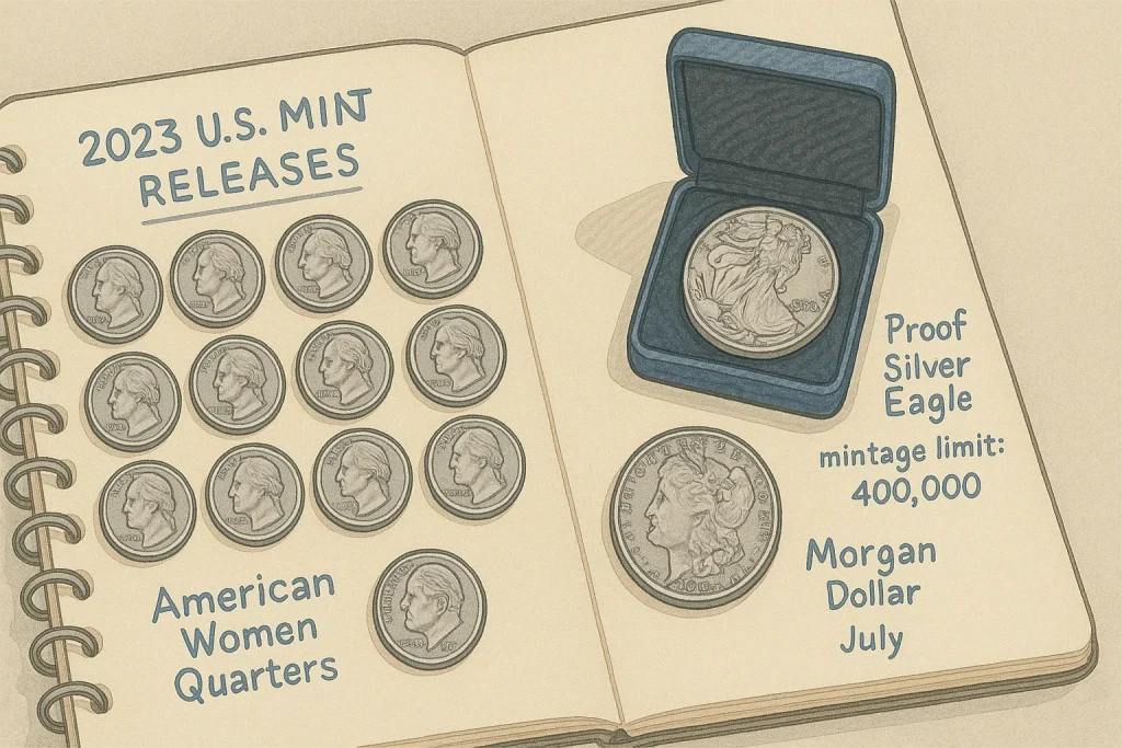 An overhead schematic view of key U.S. Mint releases for 2023.