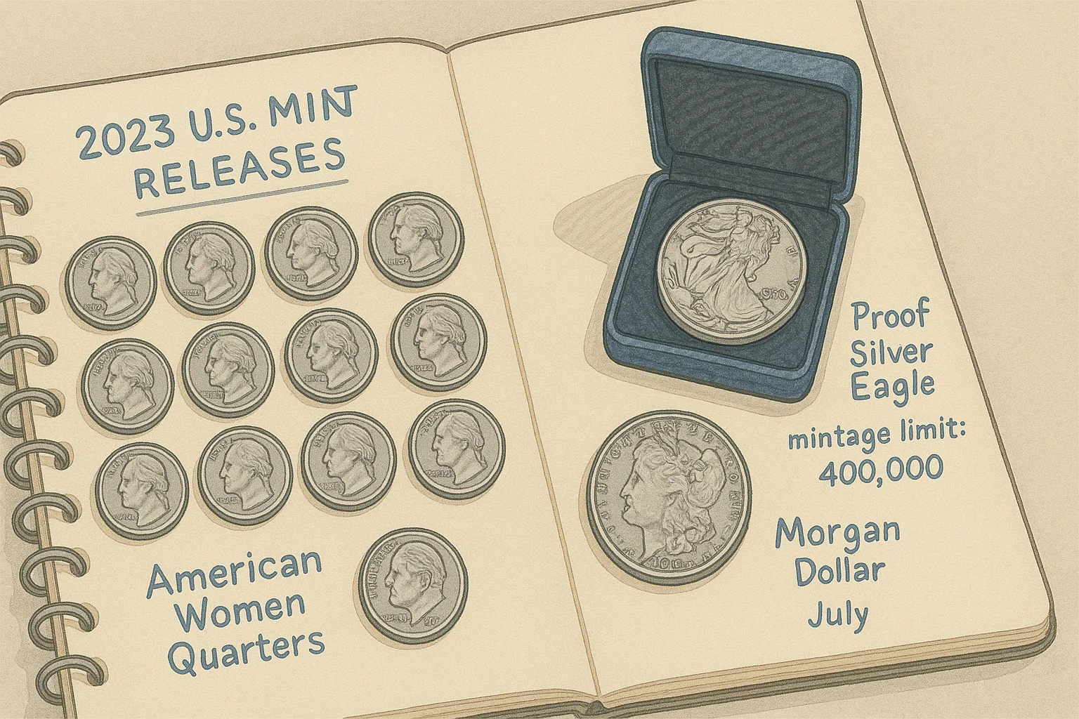 An overhead schematic view of key U.S. Mint releases for 2023.