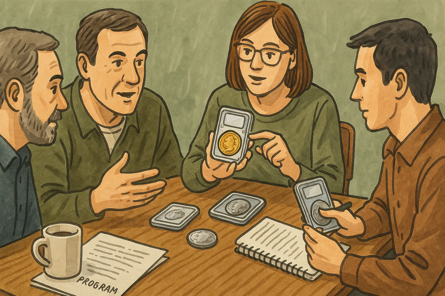 A company of collectors discusses modern quarters at the table.