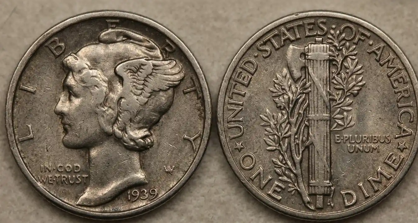 Slightly circulated 1939 dime showing wear